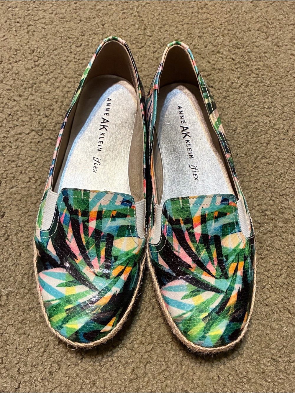 AK Anne Klein Iflex Stefana Palm Leaf Print Textile Jute Flat Loafers Size 6.5M